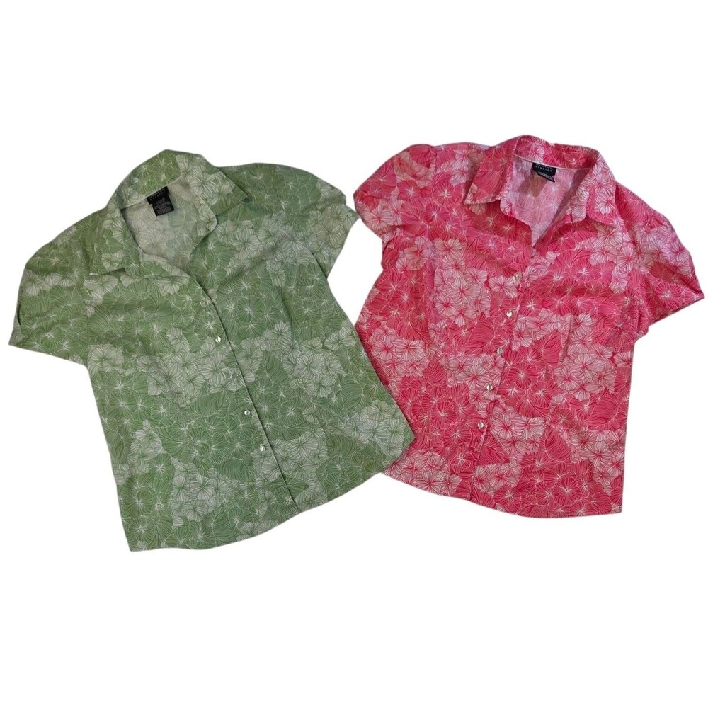 2 Women's Button-Up Hawaiian Shirts XL Short Sleeve Flowers Tropical Green Pink